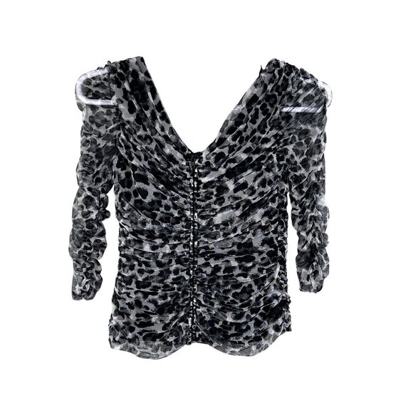 Tadashi Shoji Womens M Leopard Print Ruched Mesh Top V Neck 3/4 Sleeves Blouse - Picture 9 of 15